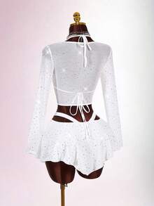 Amplova 2pcs/Set Sequin Detail Sexy Tight Fit Long Sleeve Crop Top & Tight Fit Inverted V Mini Skirt White Two Piece Set Women Sparkly Mesh Two Piece Set Two Piece Skirt Set Sparkly Two Piece Set White 2 Piece Outfit Vacation Outfits Women Y2K Valentine's Day - White - View 9