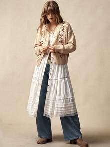 Bohemela Áo khoác ngoài phong cách Boho mùa đông/xuân, áo cardigan len dài tay thêu hoa cổ điển dành cho nữ, họa tiết hình học vượt thời gian, kiểu dáng thanh lịch, phong cách miền Tây, thích hợp cho các buổi hòa nhạc, tiệc tùng, đi biển, mặc hàng ngày, đi học, đi chơi, Giáng sinh, Năm mới, kỳ nghỉ hè những năm 2000/2000. - Màu be - Xem 5