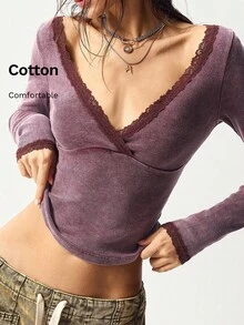 Bohemela 女式休闲纯色针织长袖修身V领上衣 - 紫色 - 查看 8