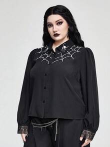 ROMWE Goth 深色哥特式蜘蛛网刺绣大码衬衫 - 黑色 - 查看 5