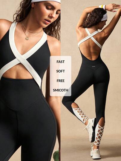 VARSIVA Contrast Color Sleeveless Fitted Hollow V-Neck Jumpsuit