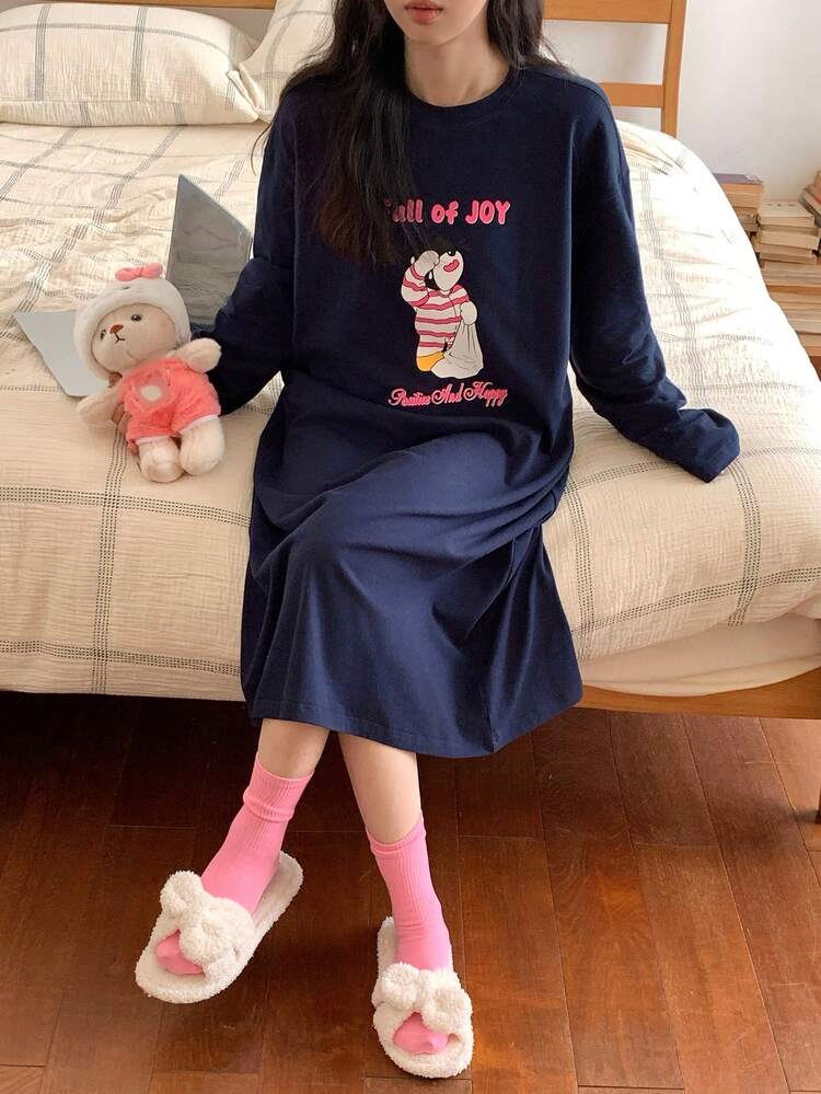 Cute Cartoon Print Loose Long T-Shirt Nightgown For Women