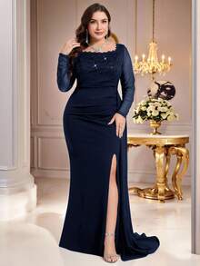 Coutiva Plus Size Women's Contrast Lace Square Collar Long Sleeve Ruffle Heavy Embroidery Navy Blue Elegant Formal Evening Gown,Spring Prom Wedding Dress - Navy Blue - View 3