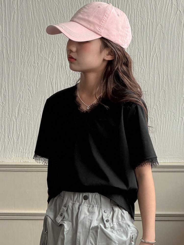 Tween Girls Knit V-Neck Lace Patchwork Loose Casual Short Sleeve T-Shirt Summer