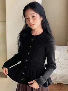 DAZY Tween Girl Casual Cardigan With Bow Decor And Ruffle Hem, Autumn/Winter - Black - View 7