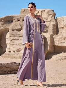 Al Najma Robe élégante et à la mode pour femme, style arabe, avec ceinture à nouer - Mauve - Voir 4