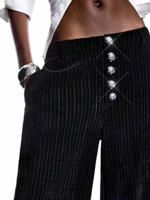 LYSMO Women's Striped Button Pocket Casual Versatile Commuting Wide Leg Pants - Black - View 7