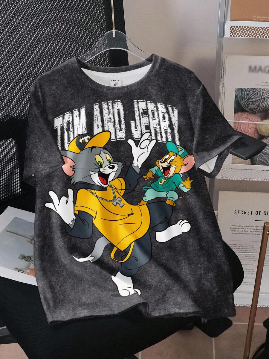 TOM & JERRY X SHEIN Tween Boy Letter & Cartoon Graphic Black Crew Neck Short Sleeve T-Shirt - White - View 1