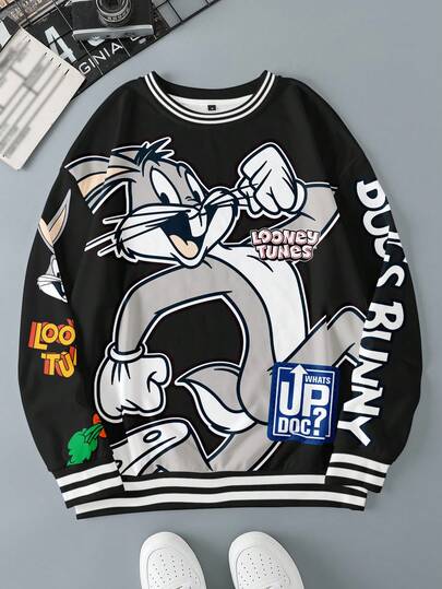 LOONEY TUNES X SHEIN Herrtröja med rund hals, vår/höst, casual, pendling, mode, gata, rolig tecknad kanin och bokstavstryck, kontrasterande randig kant, nedsänkt axel, lös passform