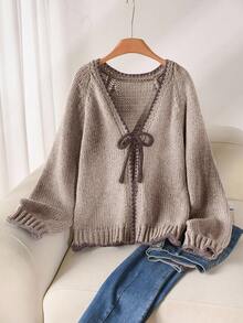 CosyJoli Sweater Kasual Ukuran Besar dengan Pita Ikat dan Trim Kontras, Kardigan/Musim Dingin - Aprikot - View 1
