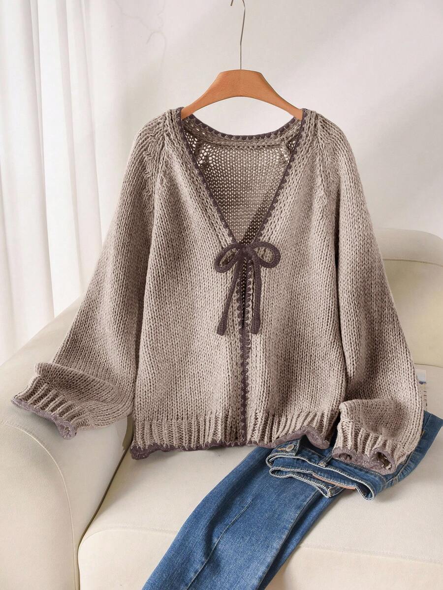 CosyJoli Sweater Kasual Ukuran Besar dengan Pita Ikat dan Trim Kontras, Kardigan/Musim Dingin - Aprikot - View 1