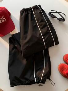 SHEIN EZwear Pantalones casuales de pierna ancha y longitud a los tobillos para mujer estilo callejero con bloques de color y detalles de borde deshilachado - Negro - Ver 3