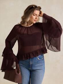 Elegantrix Áo cánh mỏng xếp nếp nhiều lớp kiểu Pháp thường ngày cỡ lớn dành cho nữ, Xuân/Hè - màu nâu - Xem 5