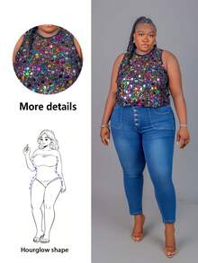 CurvyTilda Top sin mangas elegante y cómodo de talla grande para mujer, con lentejuelas brillantes y coloridas, transparente y sexy, para salir, fiestas, festivales, streetwear, con cuentas, verano europeo, conciertos
