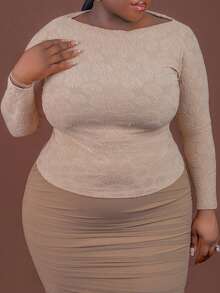 CurvyTilda 大码优雅办公室/工作精致高级活动下午茶略带性感约会纹理花卉提花长袖肩褶紧身修身 T 恤 - 卡其色 - 查看 4
