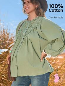 Boho Mama Autumn Green Lantern Sleeve Loose-Fitting Cotton-Lined Maternity Top With Lace Trim - Bohemian Casual Maternity Top - Green - View 4