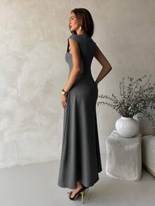 Aloruh 女士深V领褶皱腰身A字连衣裙，通勤友好型 - 灰色 - 查看 2