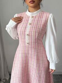 Modelyn Plus Size Tweed Woven Textured Long Sleeve Fitted A-Line Dress, Autumn/Winter - Pink - View 3