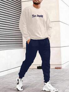 EURMUSE Cotton 2pcs/Set Men's Letter Printed Hoodie And Sweatpants Set - Beige - View 6