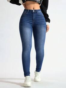 Flexra Plus Size Women High Waist Slim Fit Casual Jeans - Dark Wash - View 1