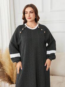 Lacomfia Plus Size Color Block Long Sleeve Casual Knit Hoodie - Black - View 6