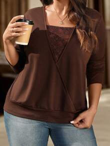 EMERY ROSE Sudadera de manga larga elegante con parches de encaje 2 en 1 para mujer de talla grande, otoño/invierno - Caqui - Ver 6