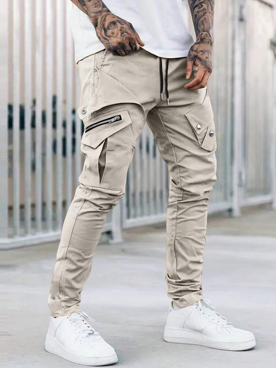 Manfinity LEGND Men's Casual Fashion Street Daily Commute Drawstring Waist Zipper Flap Pocket Slim Fit Cargo Pants Men Cargos Streetwear Men Pants