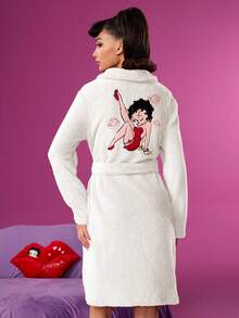 Betty Boop x SHEIN Women's Figure Embroidered Fleece Robe, Autumn/Winter - White - View 1