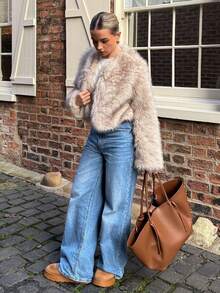 Bethéva Women's Solid Color Long Sleeve Casual Fluffy Jacket In Fall/Winter - Khaki - View 4