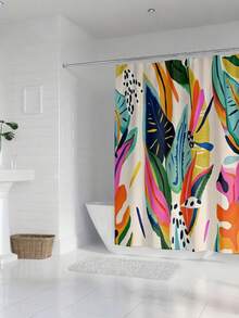 1pc [Vibrant Shower Curtain] Tropical Leaf Print Non-Light-Blocking Shower Curtain | Colorful Retro Design With 12 Hooks, Machine Washable Polyester | Yellow Blue Pink Green Pattern For Bathroom Decor, Shower Curtain For Bathrooms - Multicolor - View 6