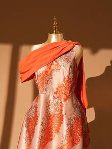 DreamSkyne Große Größen Damen Kleid mit Blume Muster, Off-Shoulder Schnitt mit geraffter Taille, vintage Silhouette mit leuchtenden Farben, asymmetrisches Schulterdesign verleiht elegante Ausstrahlung, geeignet für Strandurlaub, Strandreisen, Pendlermode, Valentinstag, Musikfestival, Muttertag, Halloween, Thanksgiving, Ostern, Nationalfeiertag, Neujahr, Datenight, Weihnachten, Hochzeitssaison - Orange - Übersicht 6