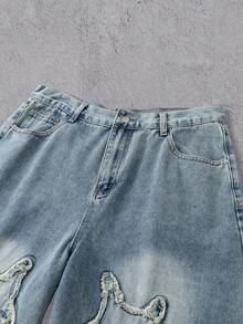 Manfinity Denimwave Men's Vintage American Personalized Frayed Hem High Street Embroidered Washed Loose Barrel Leg Jeans, Versatile For Everyday Wear - Light Wash - View 4