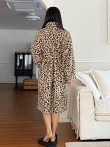 DAZY Women's Leopard Print Flannel Robe, Mid-Length With Lapel, Winter - Brown - View 2
