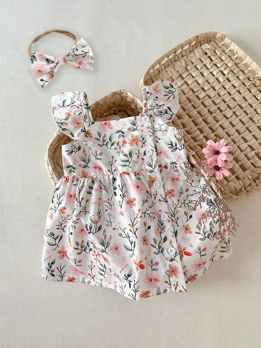 2件套女婴/幼儿可爱水彩花卉印花无袖连衣裙和发带套装，夏季 - 彩色 - 查看 1