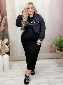 Hourglow Dollyholly86 Plus Size Women's Spring & Fall Casual Frayed Hem Long Sleeve Cropped Denim Jacket, For Hourglass Body Shape - Black - View 3