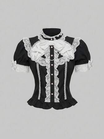 J-Fashion Blusa da donna stile Lolita estiva, Babydoll, Kawaii, con decorazione fiocco 3D e maniche a sbuffo