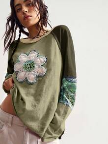 Bohemela 秋冬波西米亚风度假休闲拼接长袖宽松水洗女式印花T恤