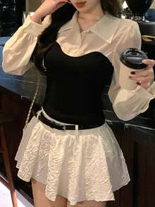 DAZY 女士翻领撞色长袖修身韩版衬衫 - 黑色 - 查看 5