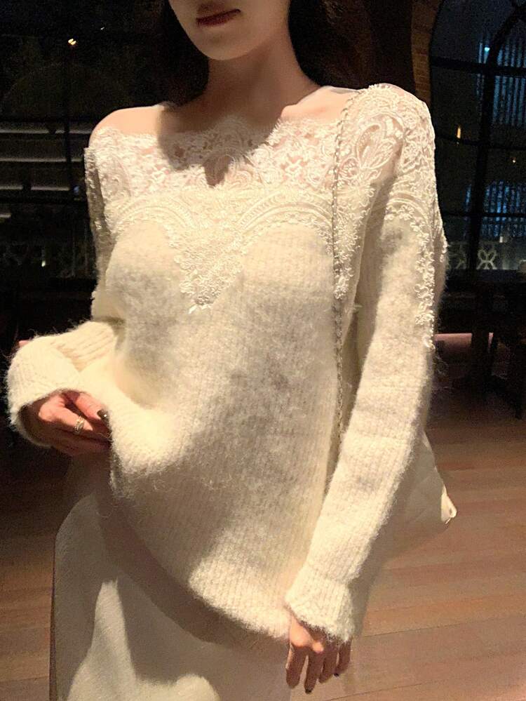 Women's Lace Girly Korean Style Long Sleeve Sweater, Autumn/Winter Off The Shoulder