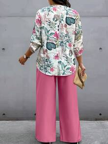 SHEIN LUNE Plus Size Women Tropical Plant Print Ruffle Sleeve Shirt And Pants Casual 2 Pieces Set Fall - Multicolor - View 2