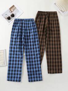 Pantalones deportivos casuales de 2 piezas para niños y jóvenes, de ajuste holgado con cintura elástica y estilo de pierna ancha, con elemento clásico a cuadros, conjunto retro/multipieza, fabricado en tela de alta calidad (poliéster), lavable a máquina, adecuado para uso al aire libre, vuelta al colegio, ir y venir, y talla grande - Multicolor - Ver 2