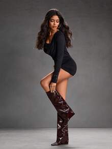 CUCCOO SZL Botas de tacón de cuña de punta puntiaguda hasta la rodilla de moda para mujer - Café integral - Ver 2