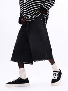 SUMWON 阔腿牛仔短裤，毛边裤脚，侧边口袋，适合周末休闲穿着 - 深灰色 - 查看 2