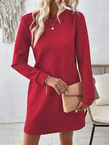 EMERY ROSE Plus Size Women Crew Neck Long Sleeve Casual Dress, Autumn/Winter - Red - View 4