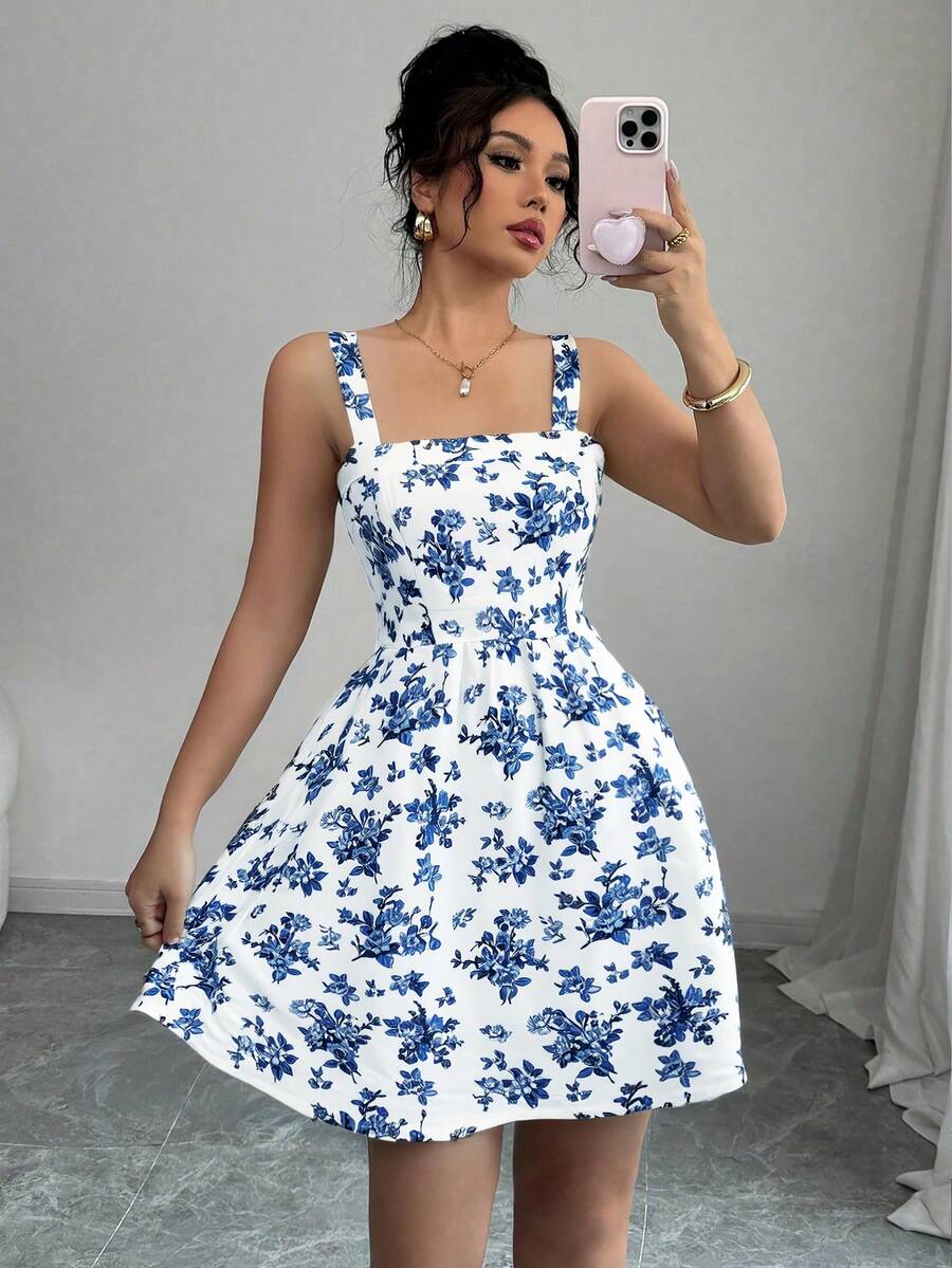 SHEIN Elenzya 女士优雅碎花吊带方领收腰A字短连衣裙，夏季 - 藍白色 - 查看 1