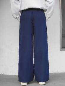 Mirajuku Teenage Boys' Fashion Striped Patchwork Letter Print Wide Leg Casual Pants - Navy Blue - View 2