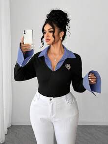 Elenzga 大码优雅条纹拼接装饰二合一长袖修身T恤 - 黑色 - 查看 5