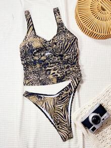 Swim SXY Bonvoyette-D Leopard & Zebra Print Random Pattern Thick Strap Square Neck Front Drawstring Tie Hollow Out Side Waist Ruched Casual Beach Bikini Swimsuit Set For Women - Multicolor - View 4