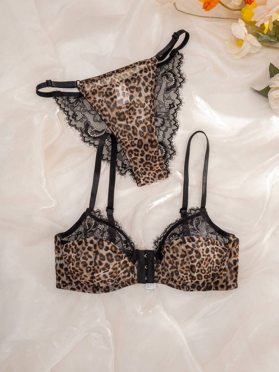 2pcs Women Leopard Print Lace Patchwork Front Closure Wireless Thin Cup Comfortable Lingerie Set - Multicolor - View 1