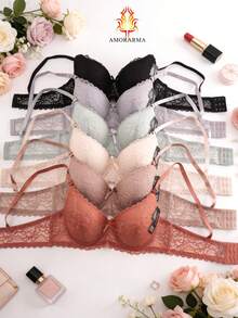 Sujetadores cotidianos para mujeres de talla B - piezas en 6 colores, con diseño de patrones florales de encaje y corte vacío en los lados laterales. Son cómodos, con banda elástica de gran elasticidad, soporte ascendente, armazón y tirantes ajustables - Multicolor - Ver 1